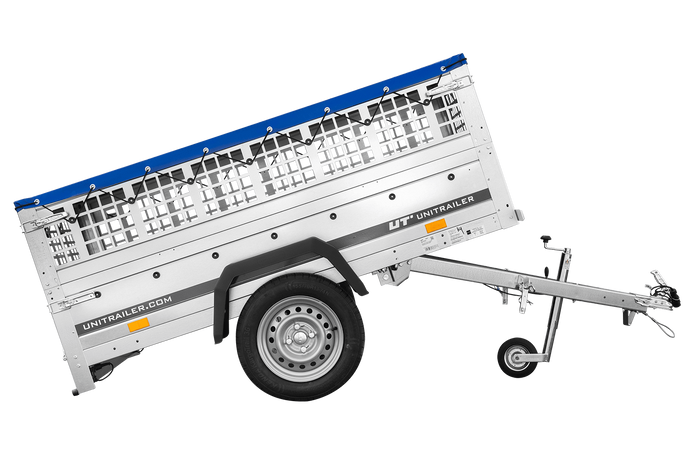 Jednonápravový přívěs 200x106 UNITRAILER GARDEN 200 KIPP s pletivovými bočnicemi a modrou plachtou