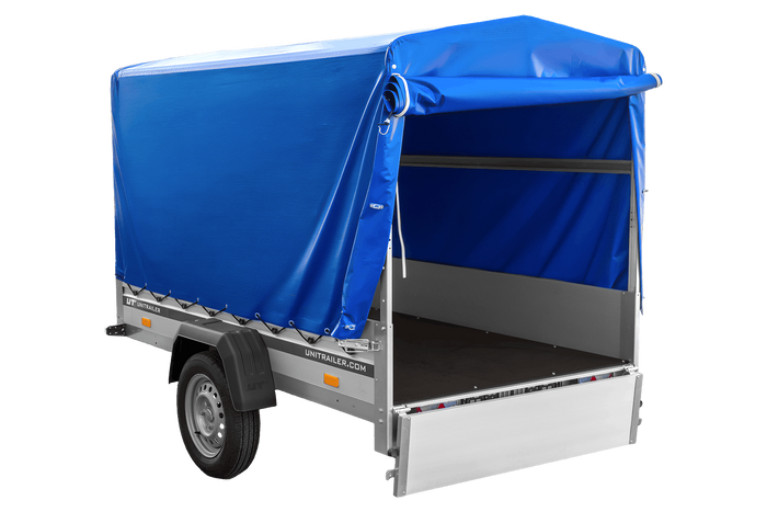 Přívěs za auto s hliníkovými bočnicemi 230x125 Unitrailer Garden 230 KIPP ALU s rámem H1100 a modrým krytem