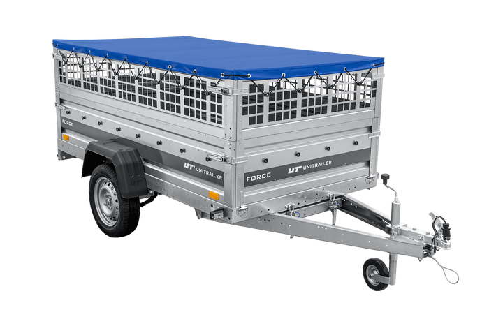 Lehký přívěs na pružinách 230x125 UNITRAILER FORCE 230/R KIPP s pletivovými bočnicemi, rámem H-0 a modrým krytem