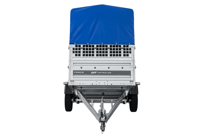 Přívěs za auto na pružinách 230x125 UNITRAILER FORCE 230/R KIPP s pletivovými bočnicemi, rámem H-800 a modrým krytem