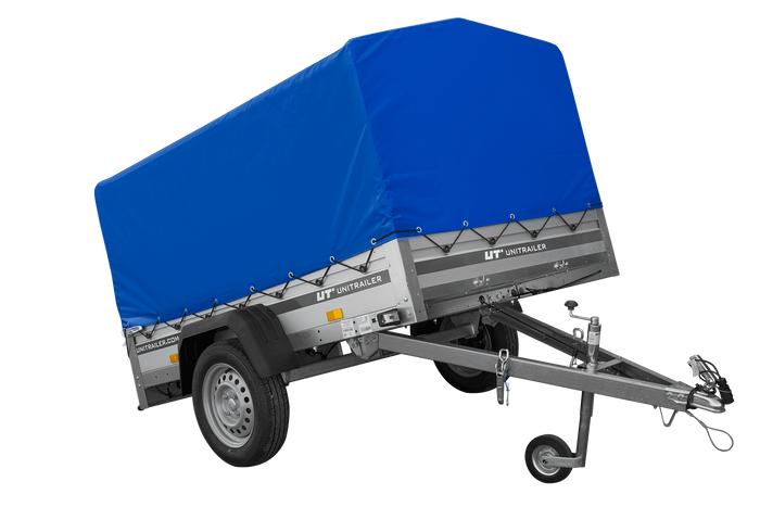 Jednonápravový přívěs s hliníkovými bočnicemi 200x125 Unitrailer Garden 201 KIPP ALU s rámem H-800 a modrým krytem