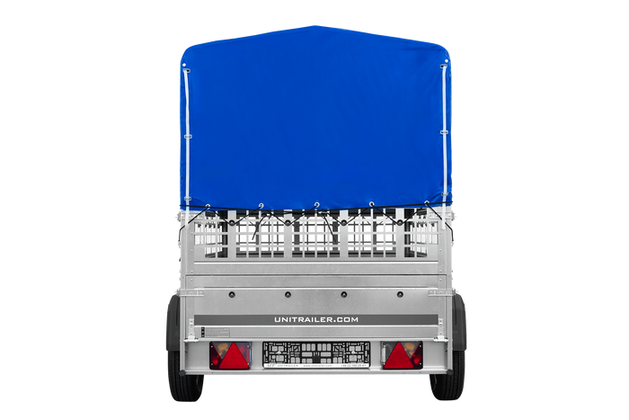 Jednonápravový přívěs na pružinách 200x125 UNITRAILER GARDEN 201/R KIPP s pletivovými bočnicemi, rámem H-800 a modrým krytem