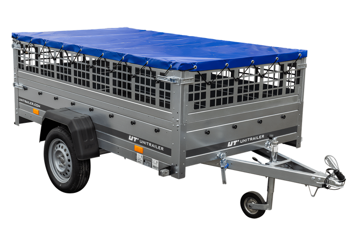 Přívěs za auto 230x125 UNITRAILER GARDEN 230 KIPP s bočnicemi ze síťoviny a modrou plachtou