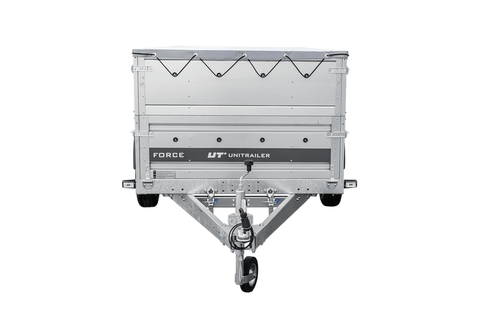 Jednonápravový přívěs na pružinách 264x125 UNITRAILER FORCE 264/R KIPP s bočnicemi BIS, rámem H-0 a šedou plachtou
