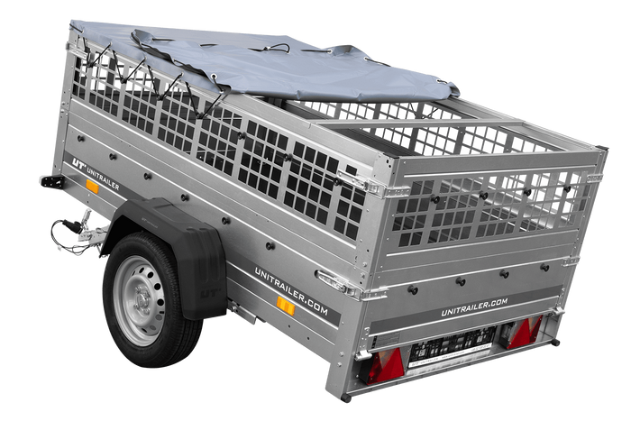 Přívěs za auto na pružinách 200x125 UNITRAILER GARDEN 201/R KIPP s pletivovými bočnicemi, rámem H-0 a šedým krytem