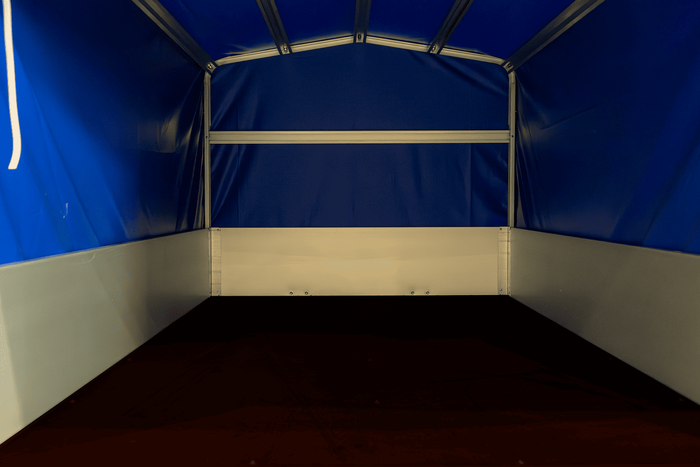 Jednonápravový přívěs s hliníkovými bočnicemi 230x125 Unitrailer Garden 230 KIPP ALU s rámem H-800 a modrým krytem