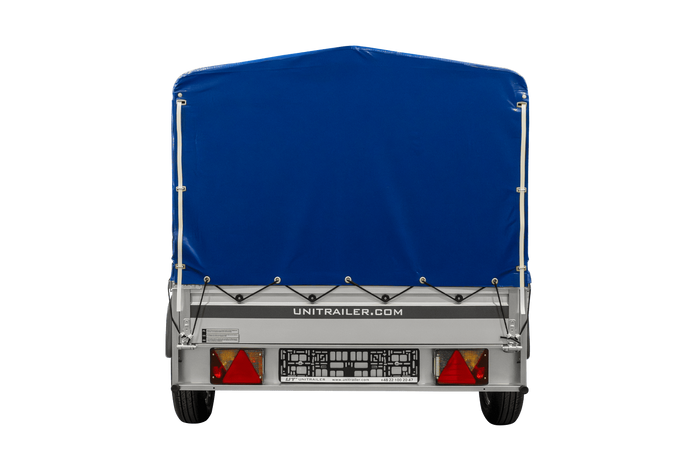 Jednonápravový přívěs s hliníkovými bočnicemi 230x125 Unitrailer Garden 230 KIPP ALU s rámem H-800 a modrým krytem