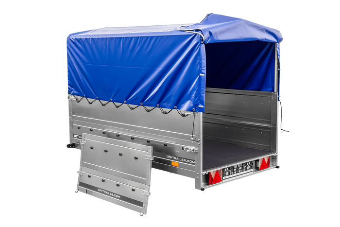 Lehký přívěs 230x125 UNITRAILER GARDEN 230 KIPP s bočnicemi BIS, rámem H-800 a modrým krytem