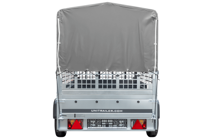 Přívěs za auto 230x125 UNITRAILER GARDEN 230 KIPP s pletivovými bočnicemi, rámem H-800 a šedým krytem