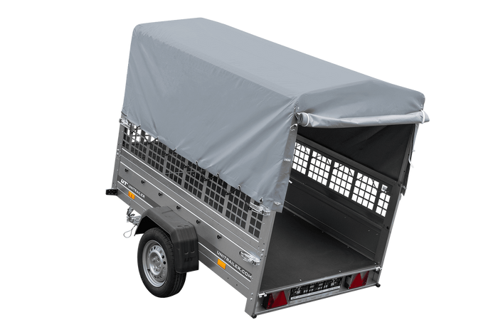 Jednonápravový přívěs 200x125 UNITRAILER GARDEN 201 KIPP s pletivovými bočnicemi, rámem H-800 a šedým krytem