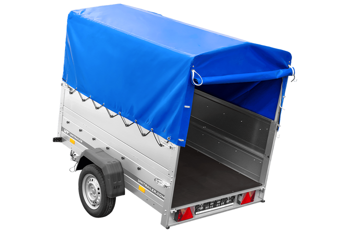 Jednonápravový přívěs 200x125 UNITRAILER GARDEN 201 KIPP s bočnicemi BIS, rámem H-800 a modrým krytem