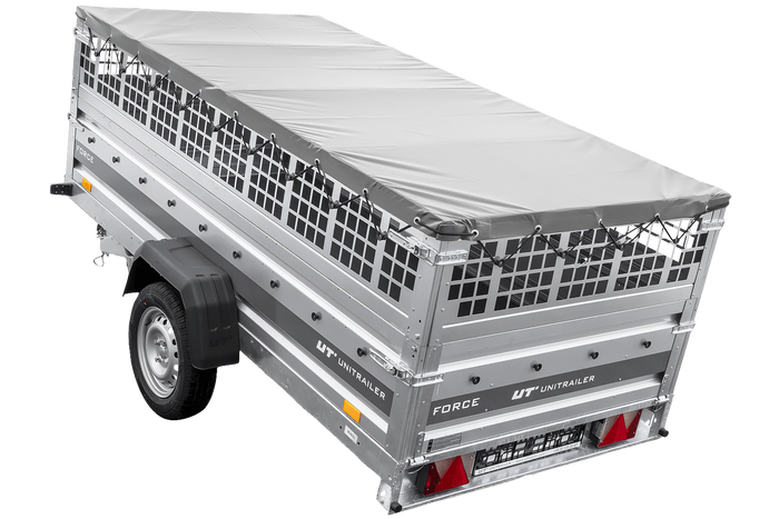 Jednonápravový přívěs 264x125 UNITRAILER FORCE 264 KIPP s pletivovými bočnicemi, rámem H-0 a šedým krytem