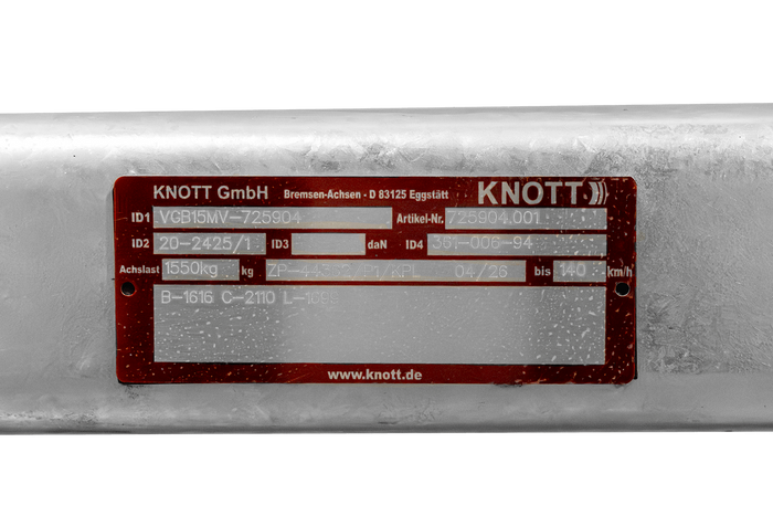 Brzděná náprava KNOTT VGB15MV pro přívěs/nosič 1550 kg 1616 mm 2110 mm 5x112
