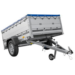 Přívěs za auto s hliníkovými bočnicemi 200x125 Unitrailer Garden 201 KIPP ALU s bočnicemi BIS, rámem H-0 a modrým krytem