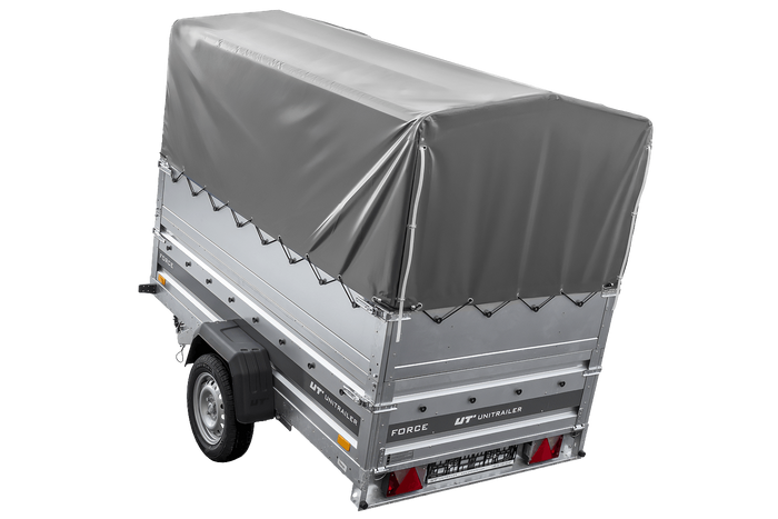 Jednonápravový přívěs na pružinách 230x125 UNITRAILER FORCE 230/R KIPP s bočnicemi BIS, rámem H-800 a šedým krytem