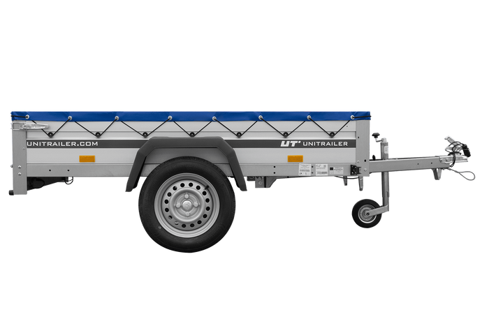 Jednonápravový přívěs s hliníkovými bočnicemi 200x125 Unitrailer Garden 201 KIPP ALU s rámem H-0 a modrým krytem