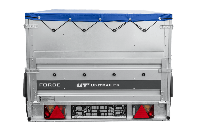Přívěs za auto na pružinách 230x125 UNITRAILER FORCE 230/R KIPP s bočnicemi BIS, rámem H-0 a modrým krytem