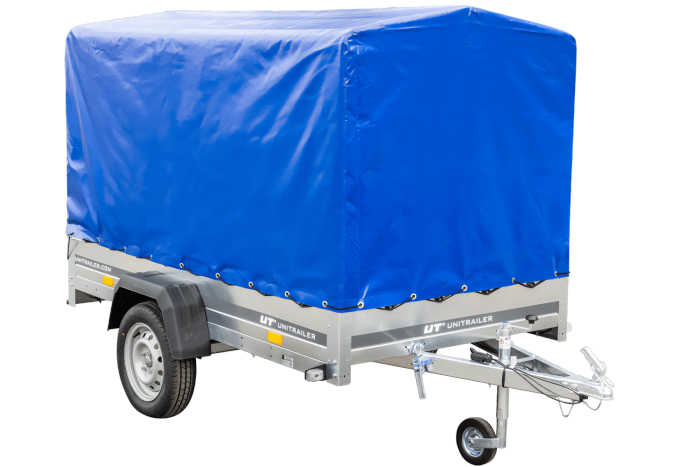 Přívěs za auto na pružinách 230x125 UNITRAILER GARDEN 230/R KIPP s rámem H-1100 a modrým krytem