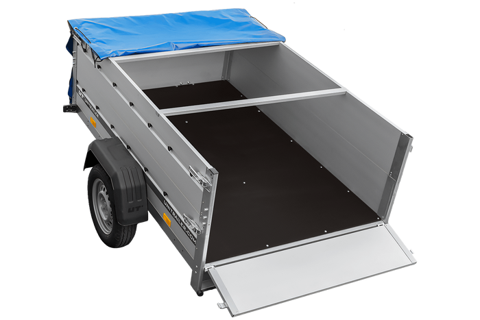 Přívěs za auto s hliníkovými bočnicemi 200x125 Unitrailer Garden 201 KIPP ALU s bočnicemi BIS, rámem H-0 a modrým krytem