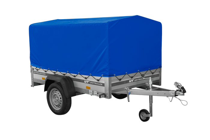 Jednonápravový přívěs s hliníkovými bočnicemi 200x125 Unitrailer Garden 201 KIPP ALU s rámem H-800 a modrým krytem