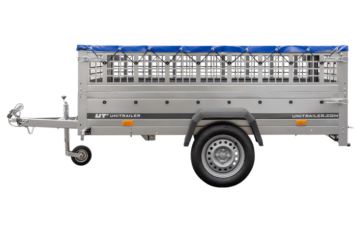 Přívěs za auto 230x125 UNITRAILER GARDEN 230 KIPP s bočnicemi ze síťoviny a modrou plachtou
