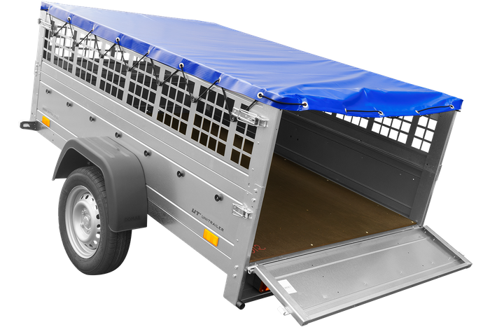 Jednonápravový přívěs 200x125 UNITRAILER GARDEN 201 KIPP s pletivovými bočnicemi, rámem H-0 a modrou plachtou