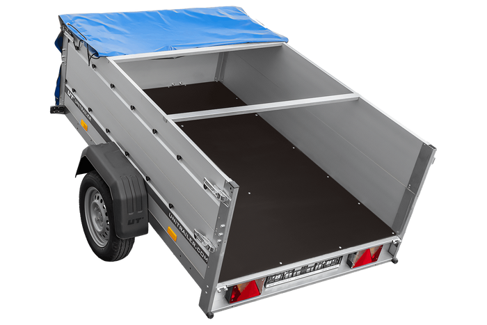 Přívěs za auto s hliníkovými bočnicemi 200x125 Unitrailer Garden 201 KIPP ALU s bočnicemi BIS, rámem H-0 a modrým krytem