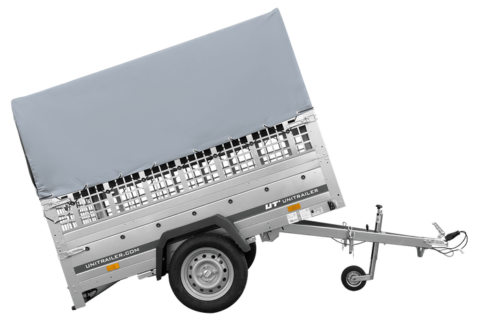 Jednonápravový přívěs na pružinách 200x125 UNITRAILER GARDEN 201/R KIPP s pletivovými bočnicemi, rámem H-800 a šedým krytem