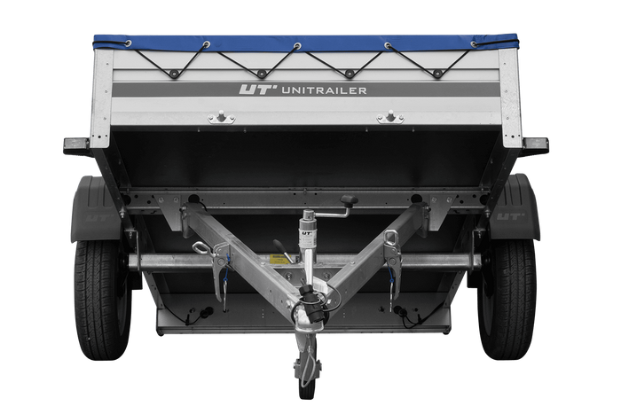 Jednonápravový přívěs s hliníkovými bočnicemi 200x125 Unitrailer Garden 201 KIPP ALU s rámem H-0 a modrým krytem