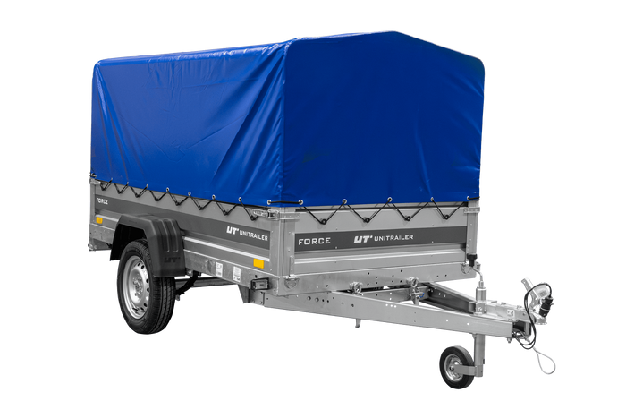 Přívěs za auto na pružinách 230x125 UNITRAILER FORCE 230/R KIPP s rámem H-800 a modrým krytem