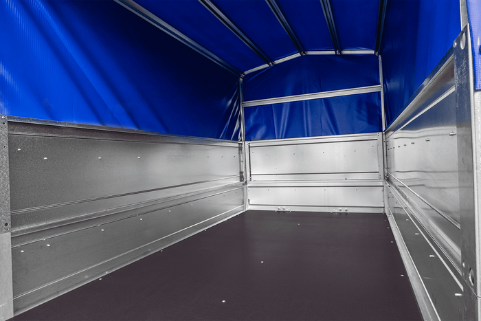 Lehký přívěs 230x125 UNITRAILER GARDEN 230 KIPP s bočnicemi BIS, rámem H-800 a modrým krytem