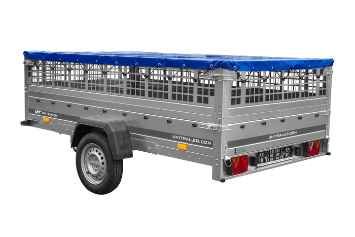 Lehký přívěs 264x150 UNITRAILER GARDEN 265 KIPP se síťovými bočnicemi, rámem H-0 a modrým krytem