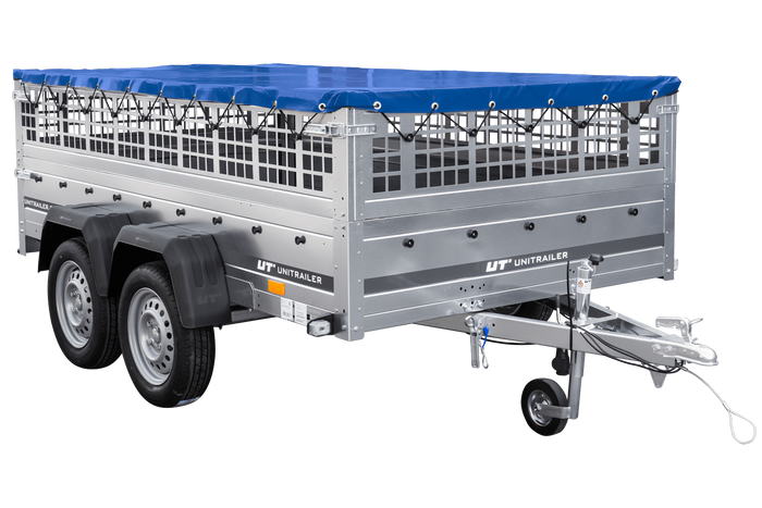 Lehký přívěs 264x150 UNITRAILER GARDEN 265/2 KIPP s pletivovými bočnicemi, rámem H-0 a modrým krytem