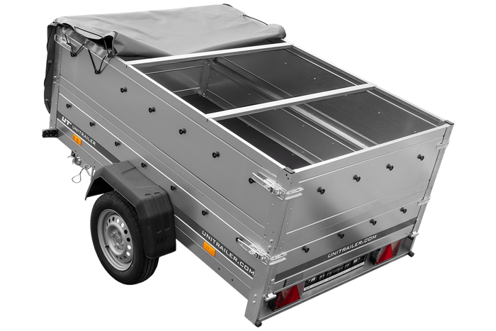 Lehký přívěs 200x125 UNITRAILER GARDEN 201 KIPP s bočnicemi BIS, rámem H-0 a šedou plachtou