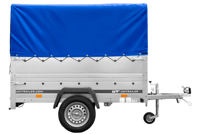 Jednonápravový přívěs 200x125 UNITRAILER GARDEN 201 KIPP s bočnicemi BIS, rámem H-800 a modrým krytem