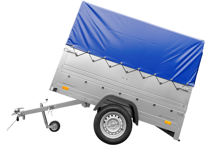 Jednonápravový přívěs 200x125 UNITRAILER GARDEN 201 KIPP s bočnicemi BIS, rámem H-800 a modrým krytem