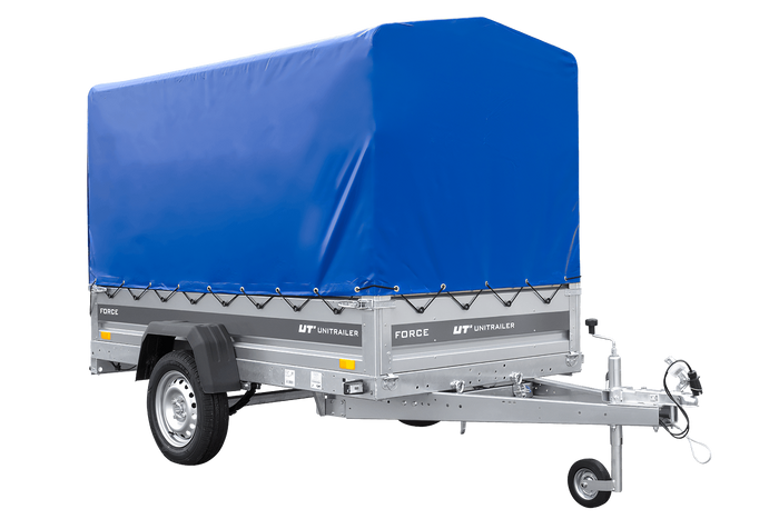 Přívěs za auto na pružinách 230x125 UNITRAILER FORCE 230/R KIPP s rámem H-1100 a modrým krytem