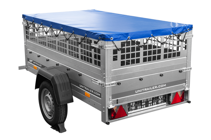 Jednonápravový přívěs 200x106 UNITRAILER GARDEN 200 KIPP s pletivovými bočnicemi a modrou plachtou