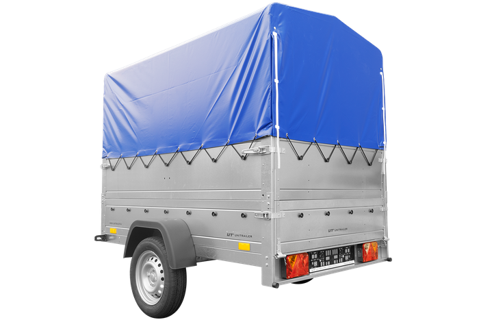 Jednonápravový přívěs 200x125 UNITRAILER GARDEN 201 KIPP s bočnicemi BIS, rámem H-800 a modrým krytem