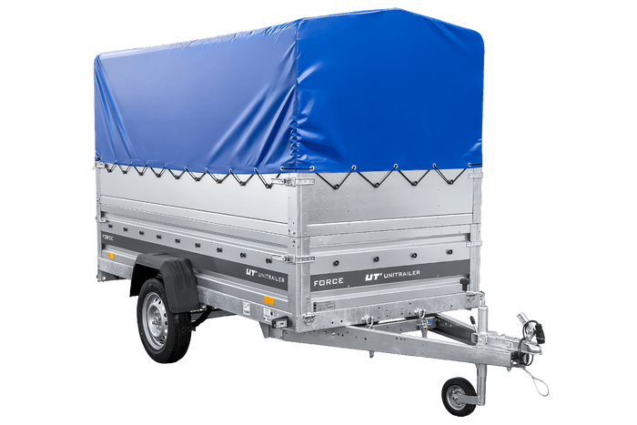 Lehký přívěs na pružinách 264x125 UNITRAILER FORCE 264/R KIPP s bočnicemi BIS, rámem H-800 a modrým krytem
