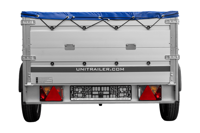 Jednonápravový přívěs s hliníkovými bočnicemi 230x125 Unitrailer Garden 230 KIPP ALU s bočnicemi BIS, rámem H-0 a modrým krytem