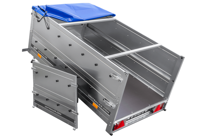 Přívěs za auto 200x106 UNITRAILER GARDEN 200 KIPP s bočnicemi BIS, rámem H-0 a modrým krytem