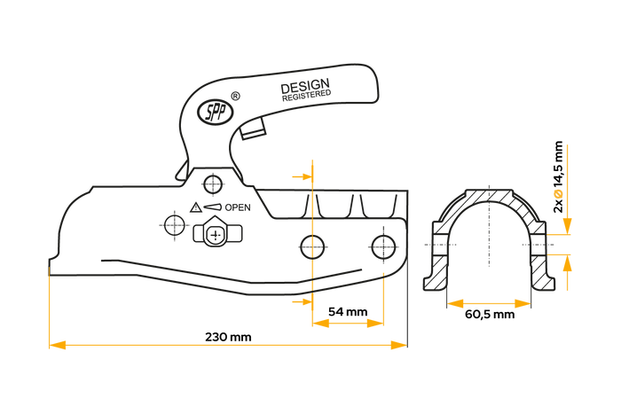 Kulové tažné zařízení STEELPRESS BC-3500E-00-02+SD pro přívěs o hmotnosti 3500 kg s ojí z litinové trubky o průměru 60,5 mm