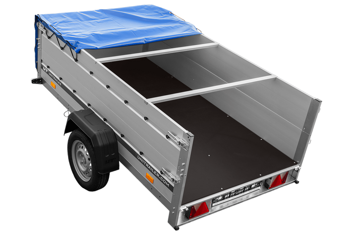 Jednonápravový přívěs s hliníkovými bočnicemi 230x125 Unitrailer Garden 230 KIPP ALU s bočnicemi BIS, rámem H-0 a modrým krytem