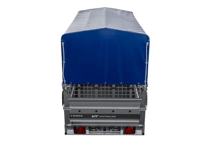 Přívěs pro auto 264x125 UNITRAILER FORCE 264 KIPP s pletivovými bočnicemi, rámem H-800 a modrým krytem