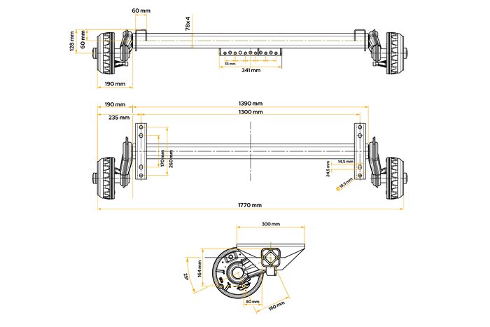 Brzděná náprava KNOTT VGB13-M pro přívěs/nosič 1350 kg 1300 mm 1770 mm 5x112