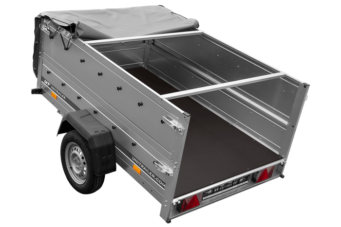 Lehký přívěs 200x125 UNITRAILER GARDEN 201 KIPP s bočnicemi BIS, rámem H-0 a šedou plachtou