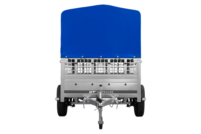Jednonápravový přívěs na pružinách 200x125 UNITRAILER GARDEN 201/R KIPP s pletivovými bočnicemi, rámem H-800 a modrým krytem