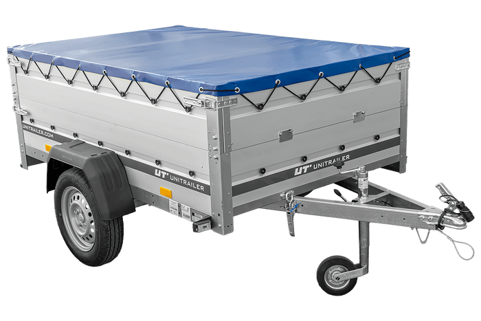 Přívěs za auto s hliníkovými bočnicemi 200x125 Unitrailer Garden 201 KIPP ALU s bočnicemi BIS, rámem H-0 a modrým krytem
