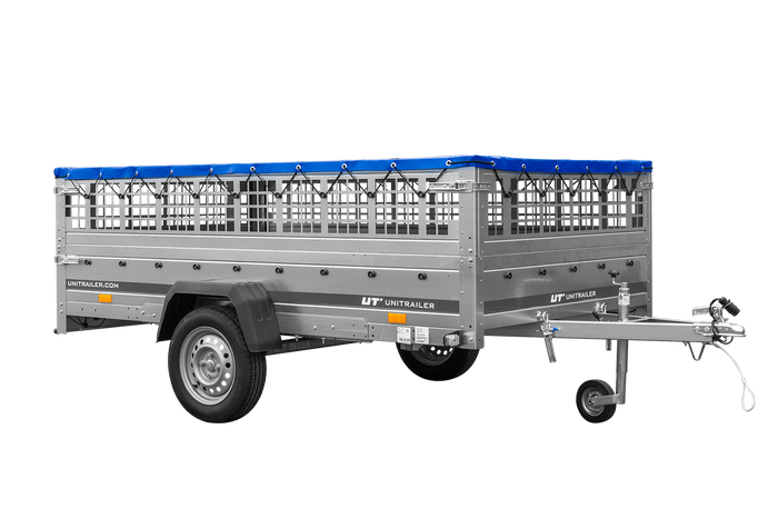 Lehký přívěs 264x150 UNITRAILER GARDEN 265 KIPP s pletivovými bočnicemi, rámem H-0 a modrým krytem